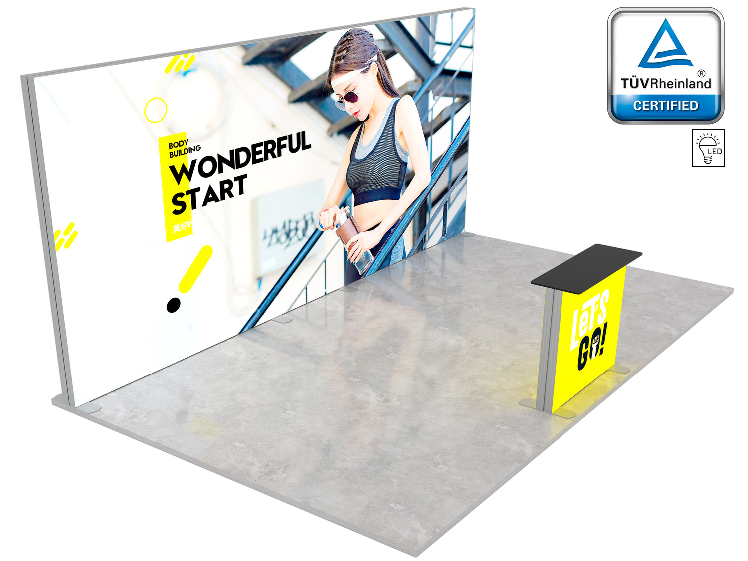 Standul expozițional LUNIX™ 24 m² (6x4) peninsula - 1 masă publicitară